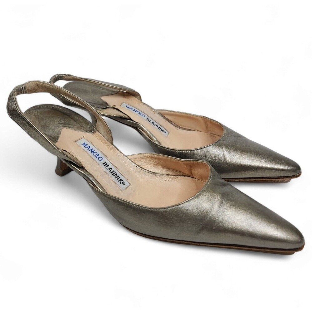 VTG MANOLO BLAHNIK Champagne Gold Leather Pointed Toe CAROLYNE Slingbacks Sz 38